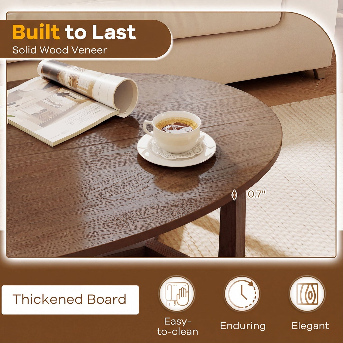Oval coffee table 46 inches in dark wood with a thickened top DirectDeals; coffee cup on surface on Tampa Home & Garden Store