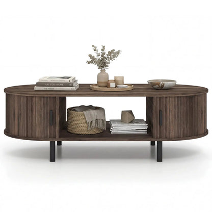 Oval wooden coffee table with dual end storage, dark brown finish; top decor with vase on Tampa Home & Garden Store