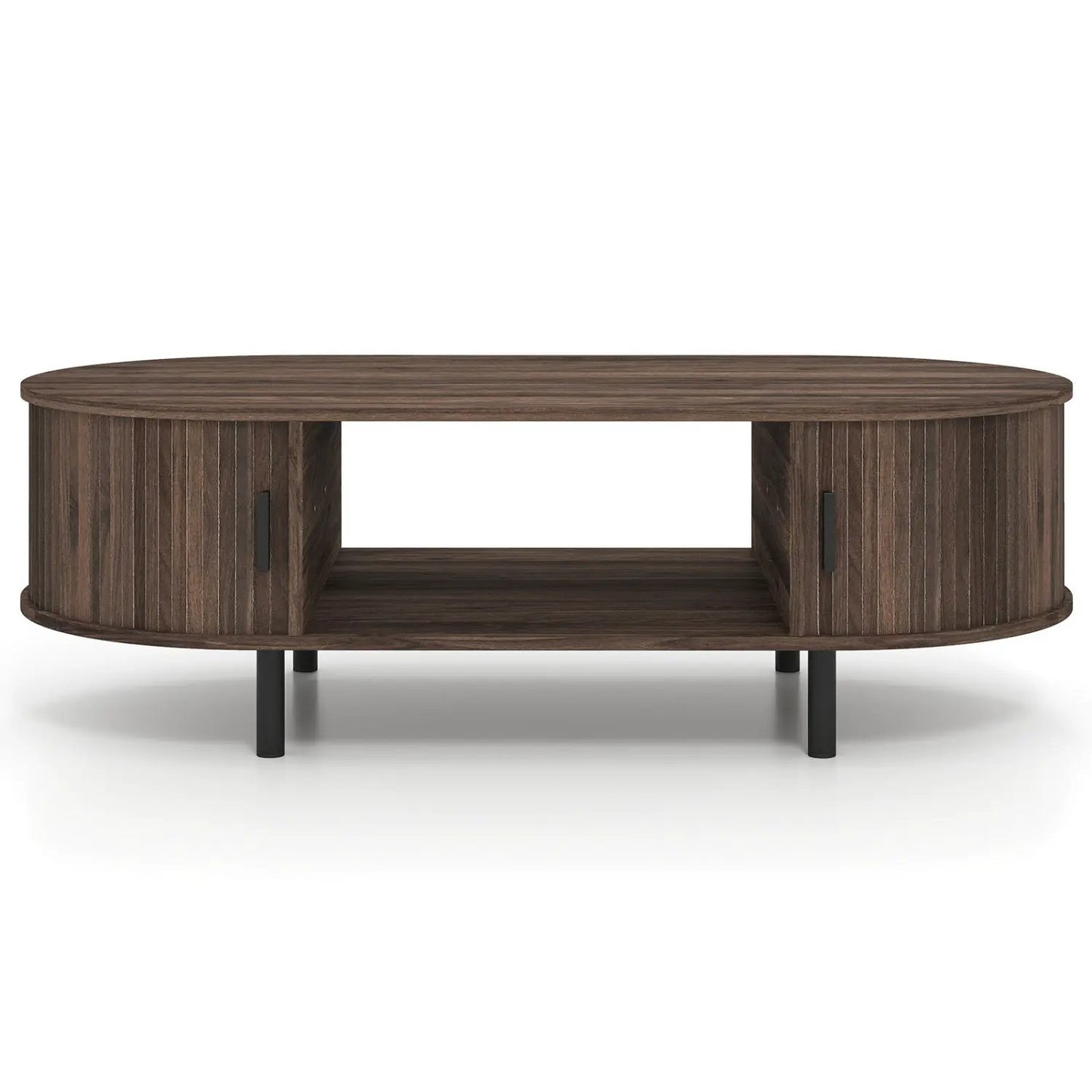 Oval coffee table in dark wood with end storage cabinets and open middle area on black legs on Tampa Home & Garden Store