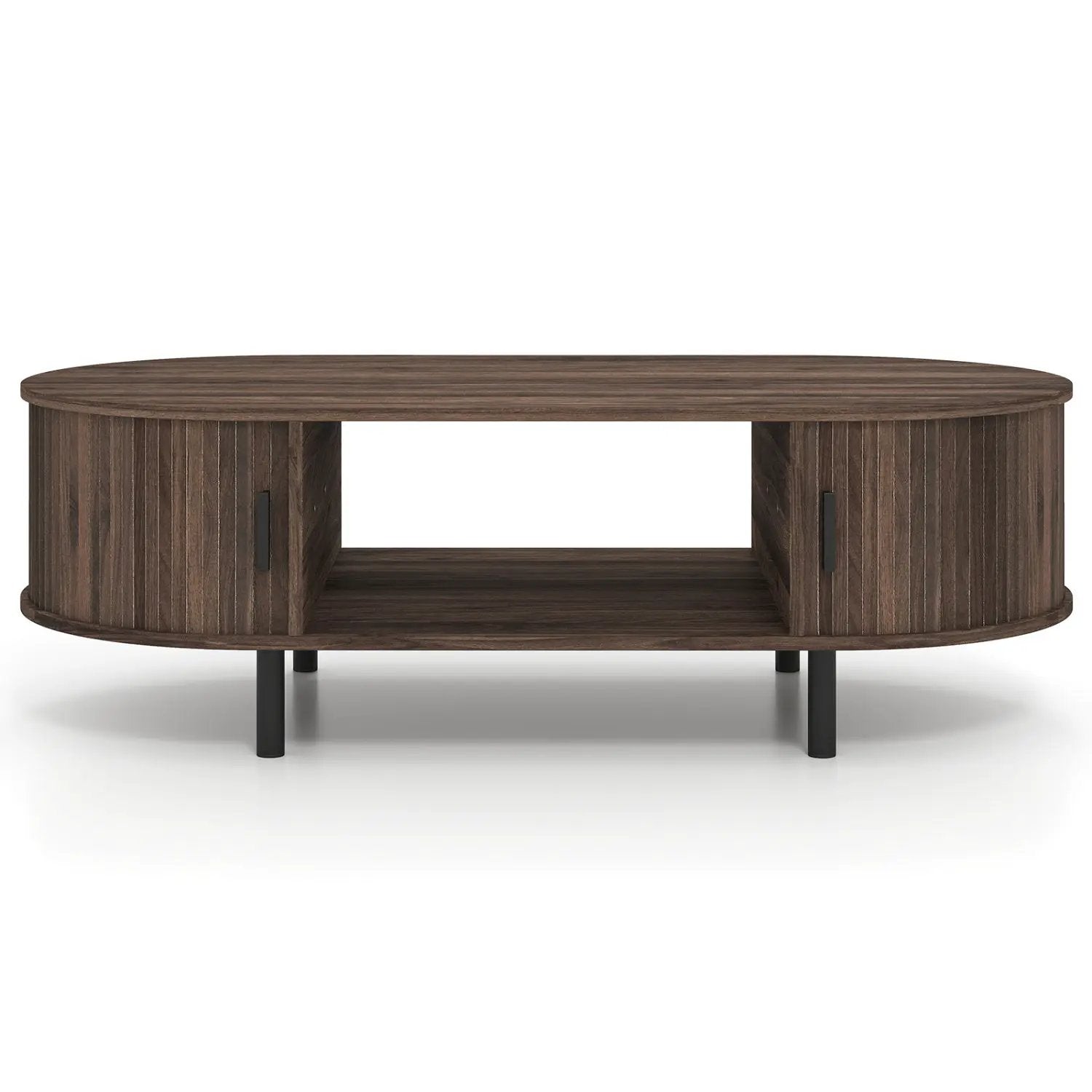 Oval coffee table in dark wood with end storage cabinets and open middle area on black legs on Tampa Home & Garden Store
