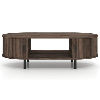 Oval coffee table in dark wood with end storage cabinets and open middle area on black legs on Tampa Home & Garden Store