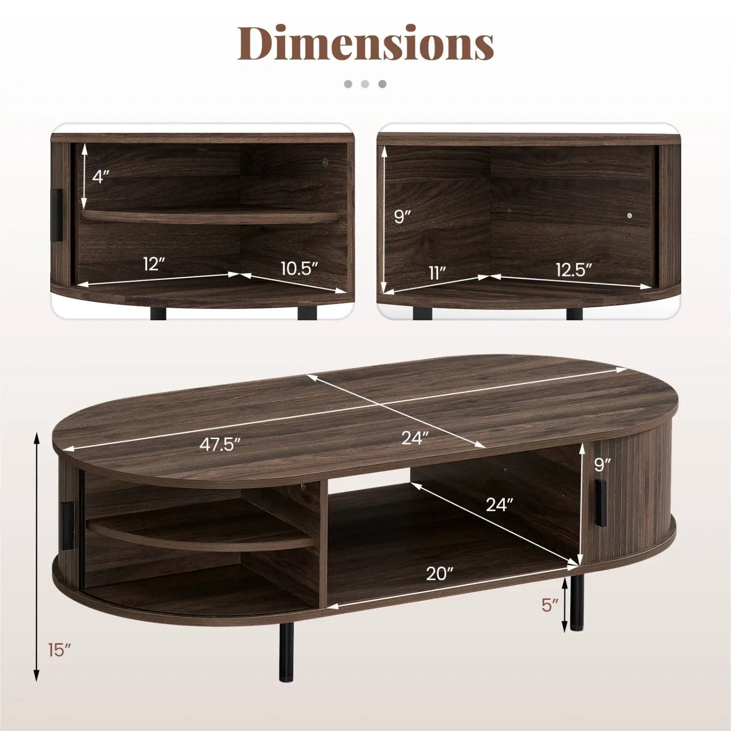Oval coffee table 47.5in, wood top with storage, curved shelf, black legs DirectDeals on Tampa Home & Garden Store