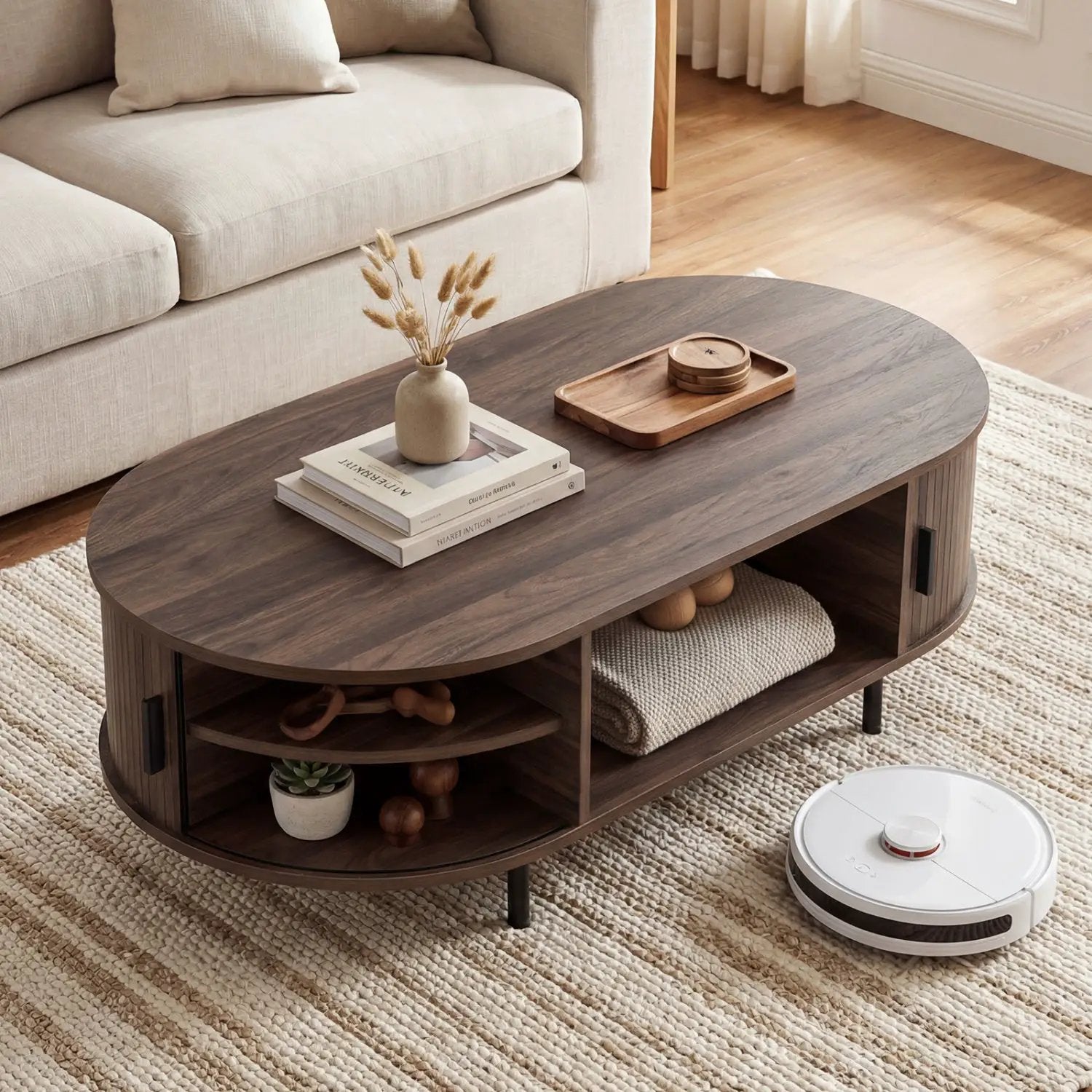 DirectDeals oval 47.5in wooden coffee table with storage in dark brown on Tampa Home & Garden Store