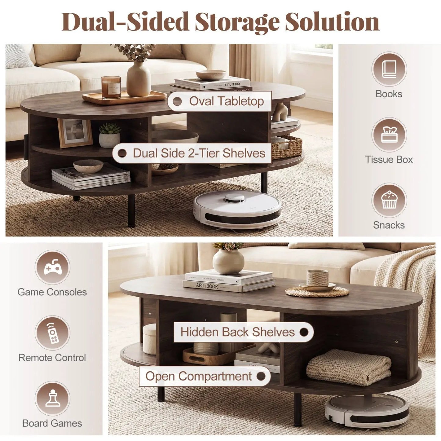 Oval Coffee Table 47.5in wooden center table with storage by DirectDeals, dark wood finish, dual 2-tier shelves on Tampa Home & Garden Store
