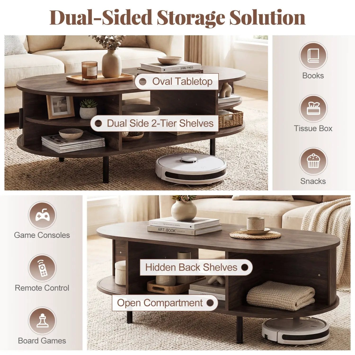 Oval Coffee Table 47.5in wooden center table with storage by DirectDeals, dark wood finish, dual 2-tier shelves on Tampa Home & Garden Store