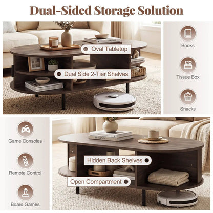 Oval Coffee Table 47.5in wooden center table with storage by DirectDeals, dark wood finish, dual 2-tier shelves on Tampa Home & Garden Store