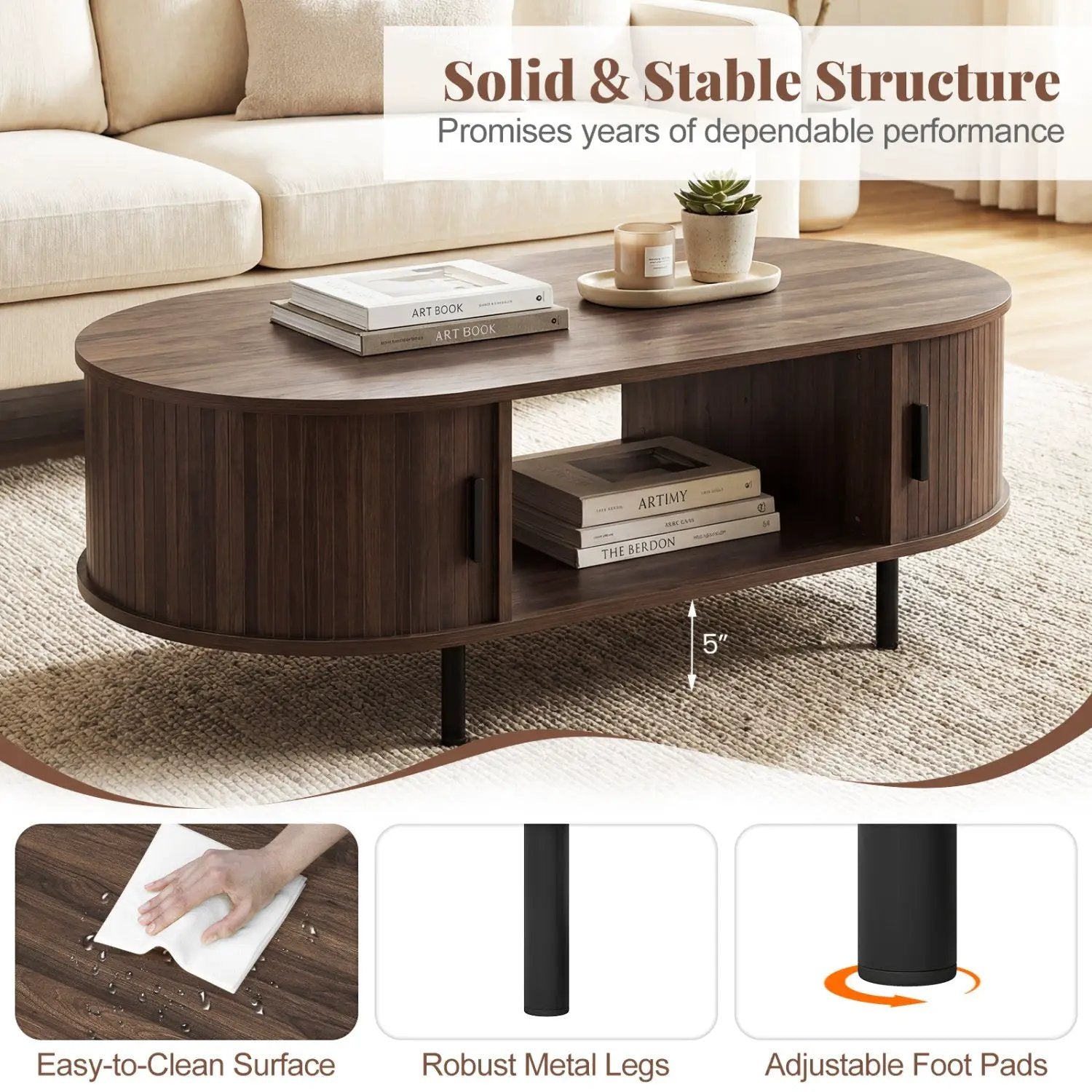 Oval coffee table by DirectDeals, wooden with storage, dark finish, black metal legs in a room on Tampa Home & Garden Store