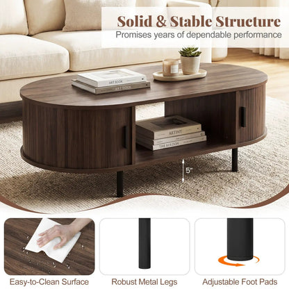 Oval coffee table by DirectDeals, wooden with storage, dark finish, black metal legs in a room on Tampa Home & Garden Store