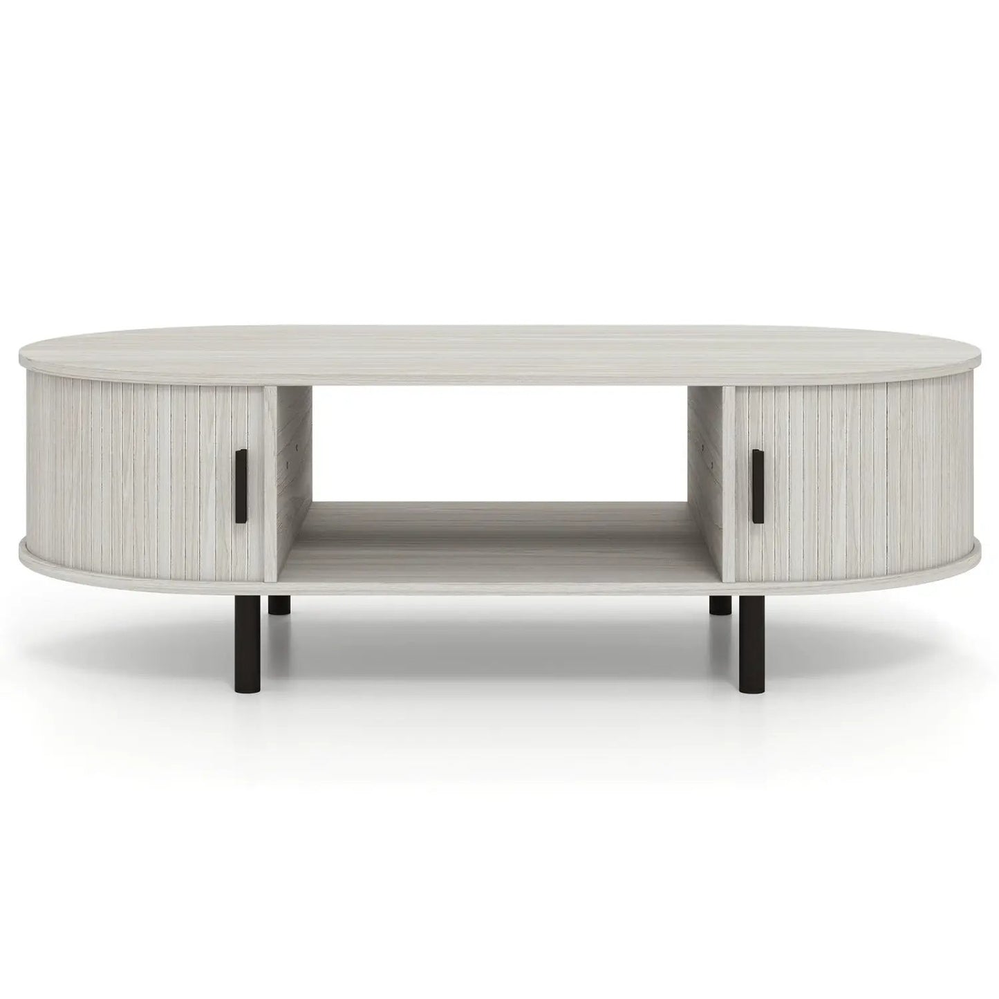 Oval coffee table 47.5in with storage, light wood finish, black legs DirectDeals on Tampa Home & Garden Store