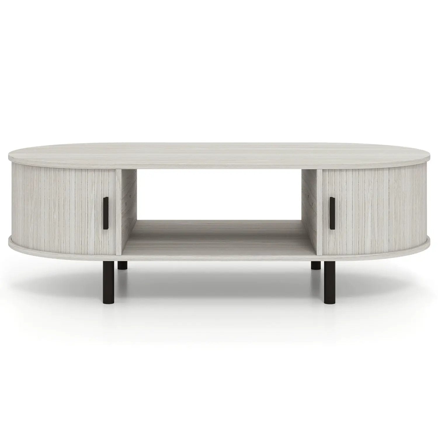 Oval coffee table 47.5in with storage, light wood finish, black legs DirectDeals on Tampa Home & Garden Store