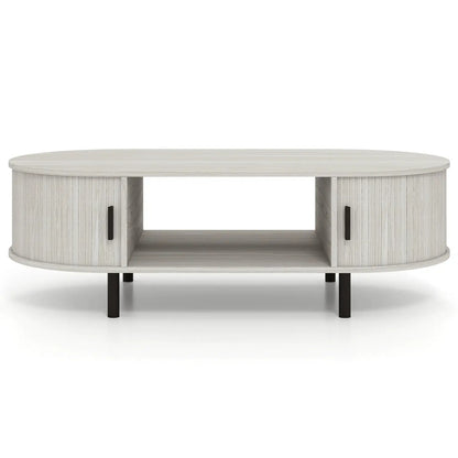 Oval coffee table 47.5in with storage, light wood finish, black legs DirectDeals on Tampa Home & Garden Store