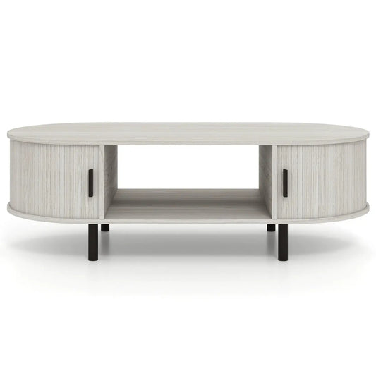 Oval coffee table 47.5in with storage, light wood finish, black legs DirectDeals on Tampa Home & Garden Store