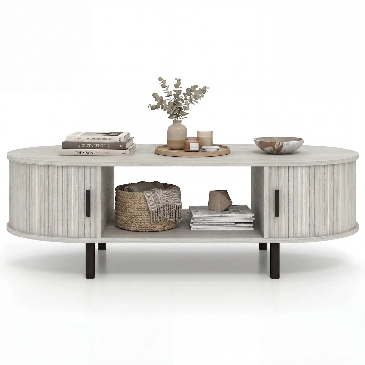 DirectDeals oval wooden coffee table with storage in light washed finish; top books and vase on Tampa Home & Garden Store