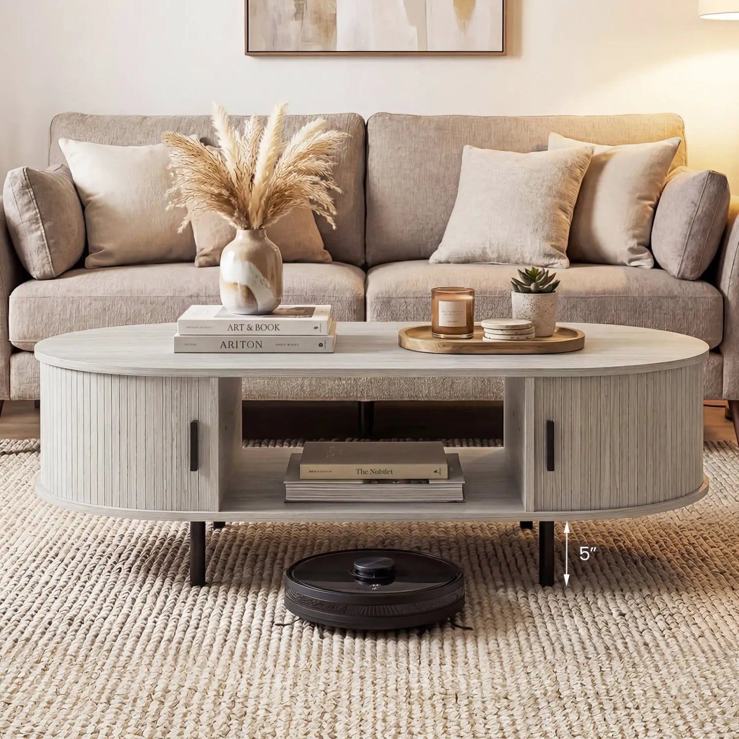 Oval coffee table 47.5in light gray wood finish with storage shelf by DirectDeals on Tampa Home & Garden Store