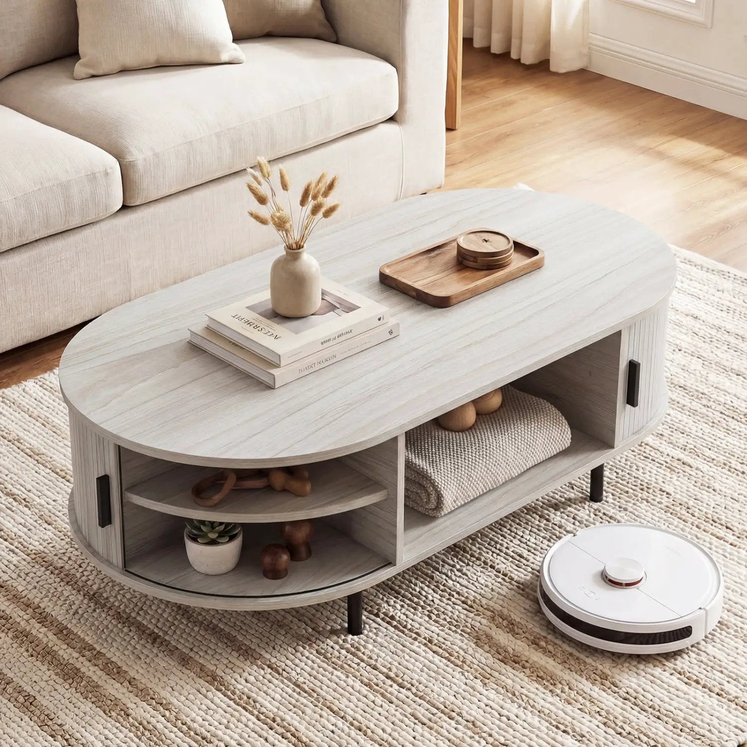 Oval coffee table 47.5-inch with storage shelf, light gray wood finish on Tampa Home & Garden Store