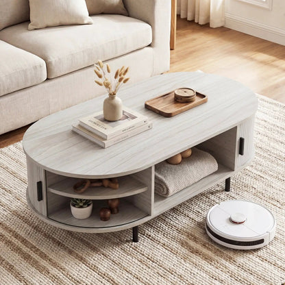 Oval coffee table 47.5-inch with storage shelf, light gray wood finish on Tampa Home & Garden Store