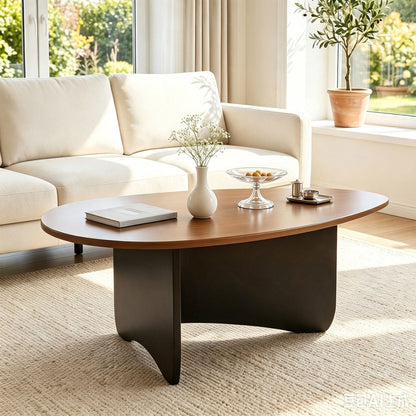 Oval coffee table DirectDeals, mid-century modern warm wood top with black low-profile base on Tampa Home & Garden Store