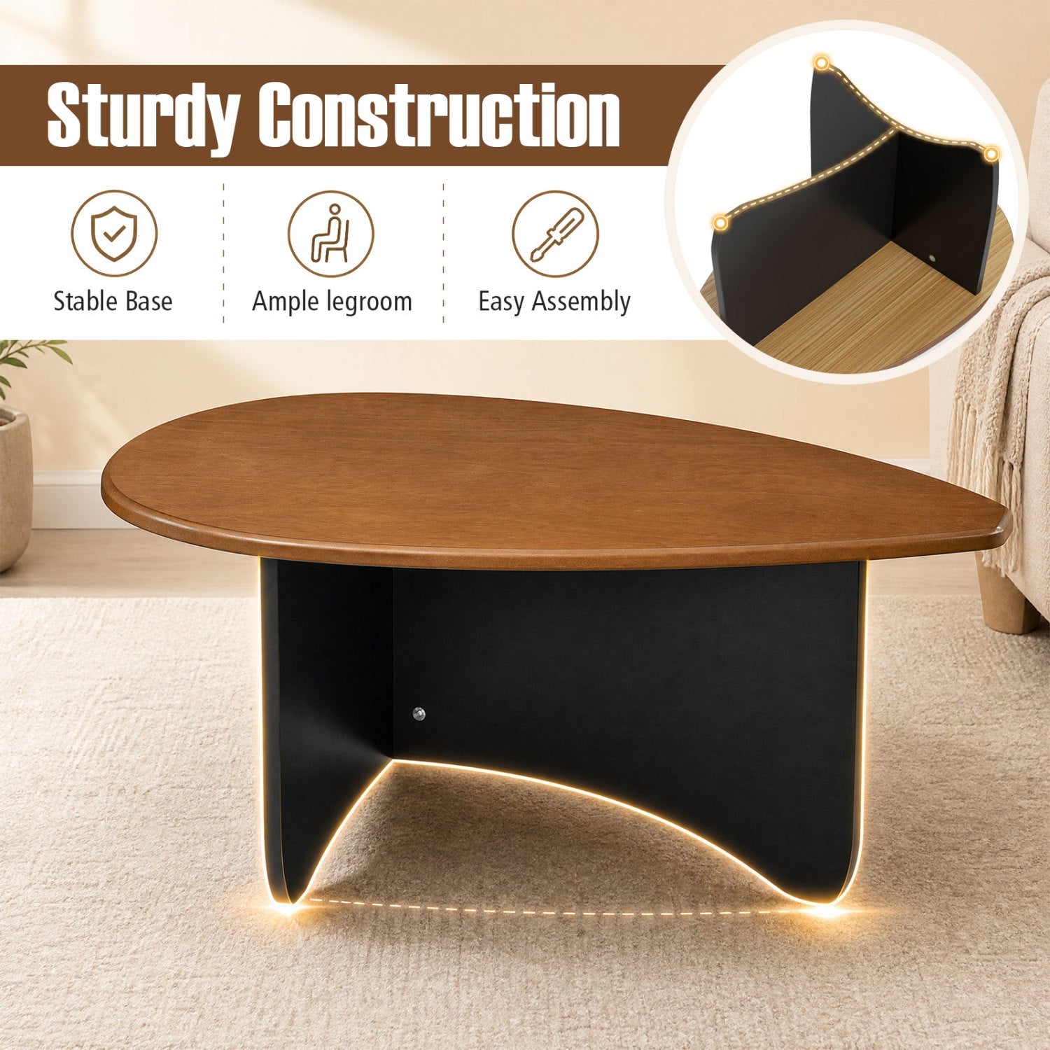 Oval coffee table DirectDeals, mid-century modern wood top with black base on Tampa Home & Garden Store
