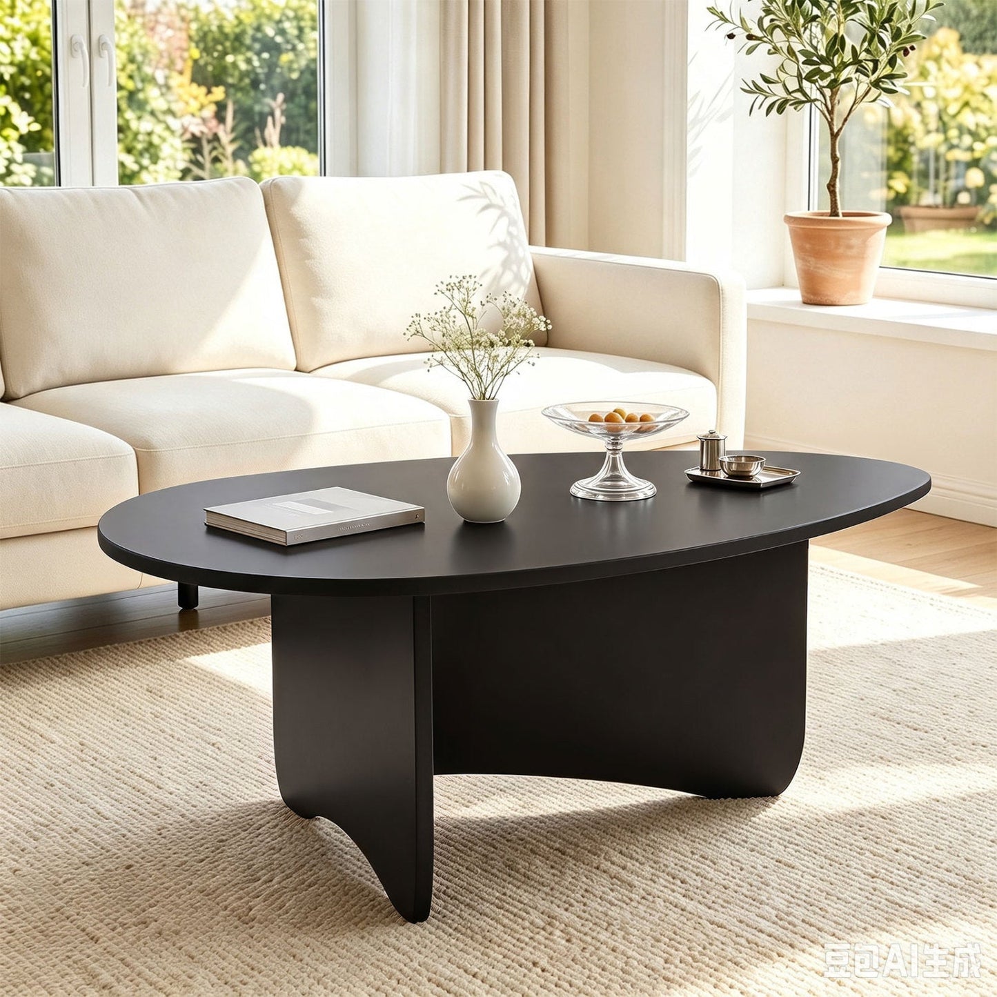 Oval coffee table black wood DirectDeals mid-century modern low-profile design on Tampa Home & Garden Store