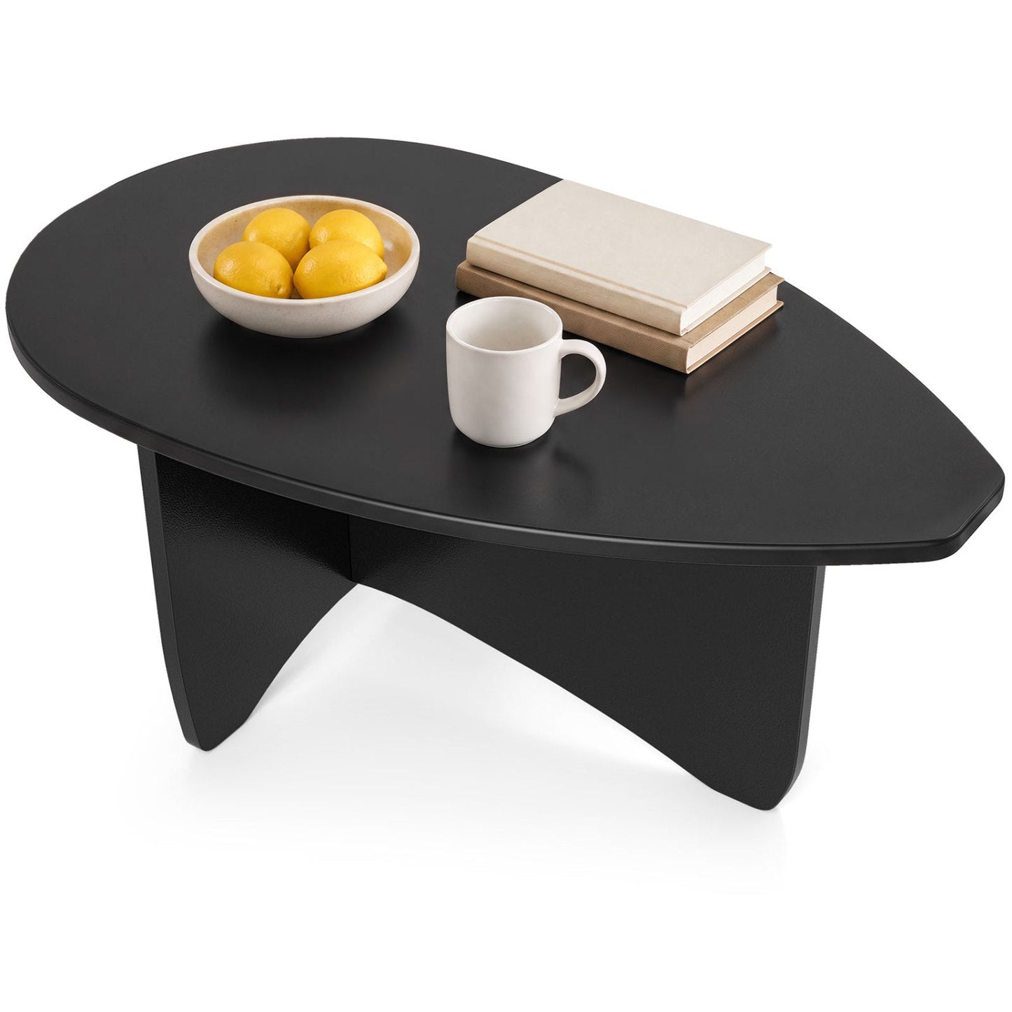 Oval coffee table black wood lowprofile midcentury modern with lemons, mug, and 3 books DirectDeals on Tampa Home & Garden Store