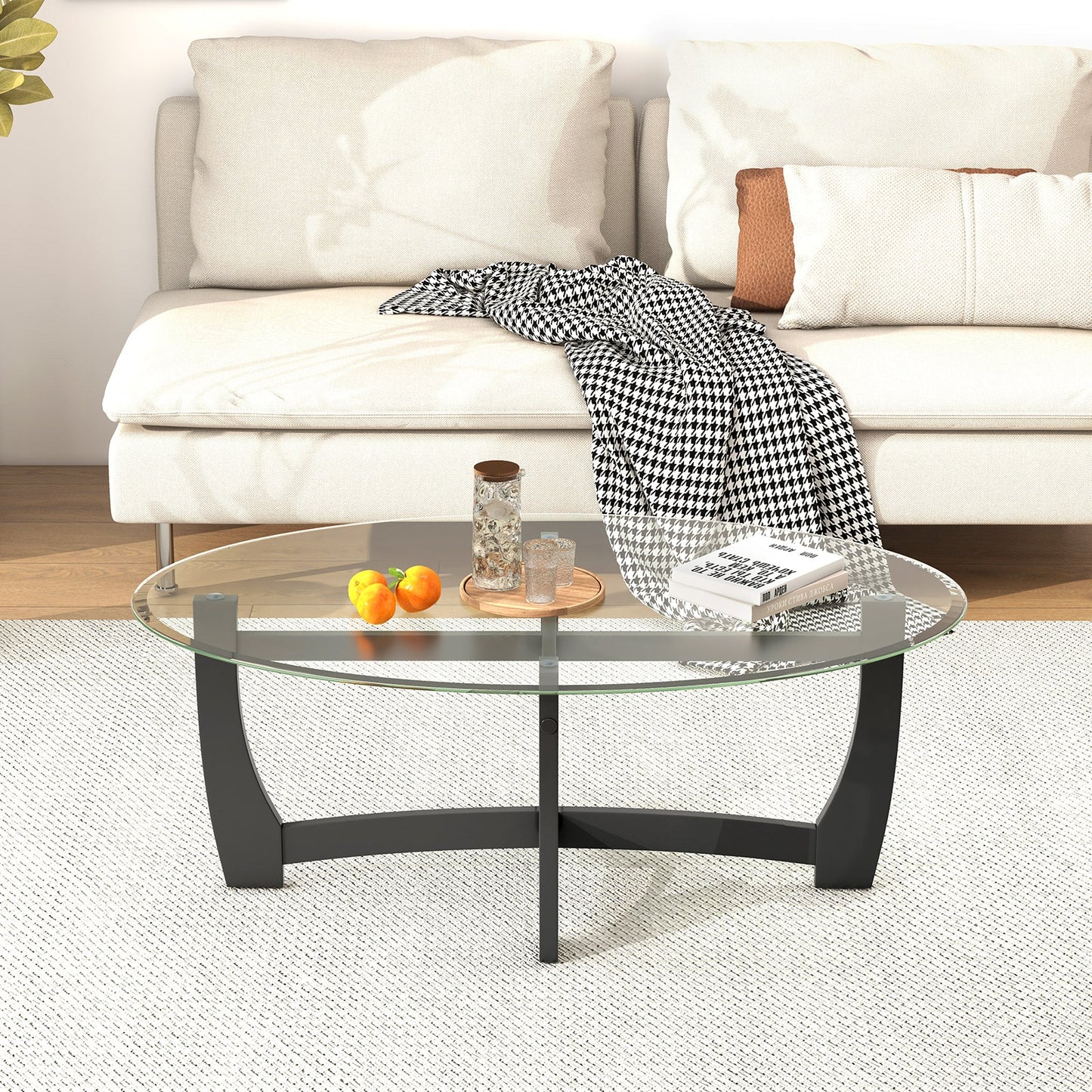 Mesa de centro ovalada con tablero de cristal templado y patas de madera de caucho-Negro