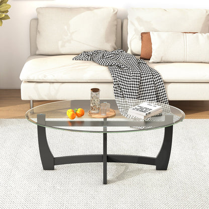 Mesa de centro ovalada con tablero de cristal templado y patas de madera de caucho-Negro