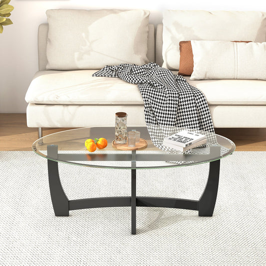 Oval Coffee Table with Tempered Glass Tabletop and Rubber Wood Legs-Black - Tampa Home & Garden Store