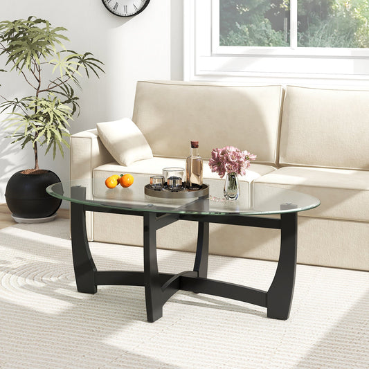 Oval Coffee Table with Tempered Glass Tabletop and Rubber Wood Legs-Black - Tampa Home & Garden Store