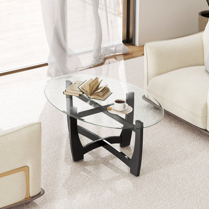 Mesa de centro ovalada con tablero de cristal templado y patas de madera de caucho-Negro