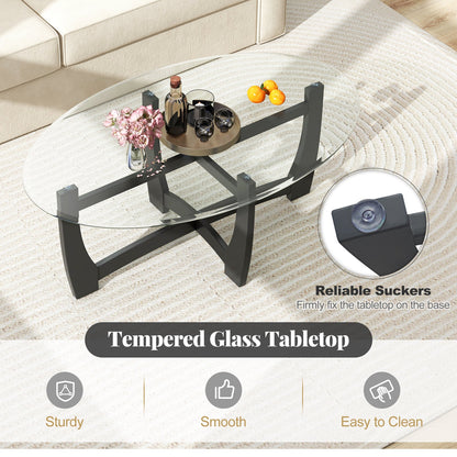 Mesa de centro ovalada con tablero de cristal templado y patas de madera de caucho-Negro