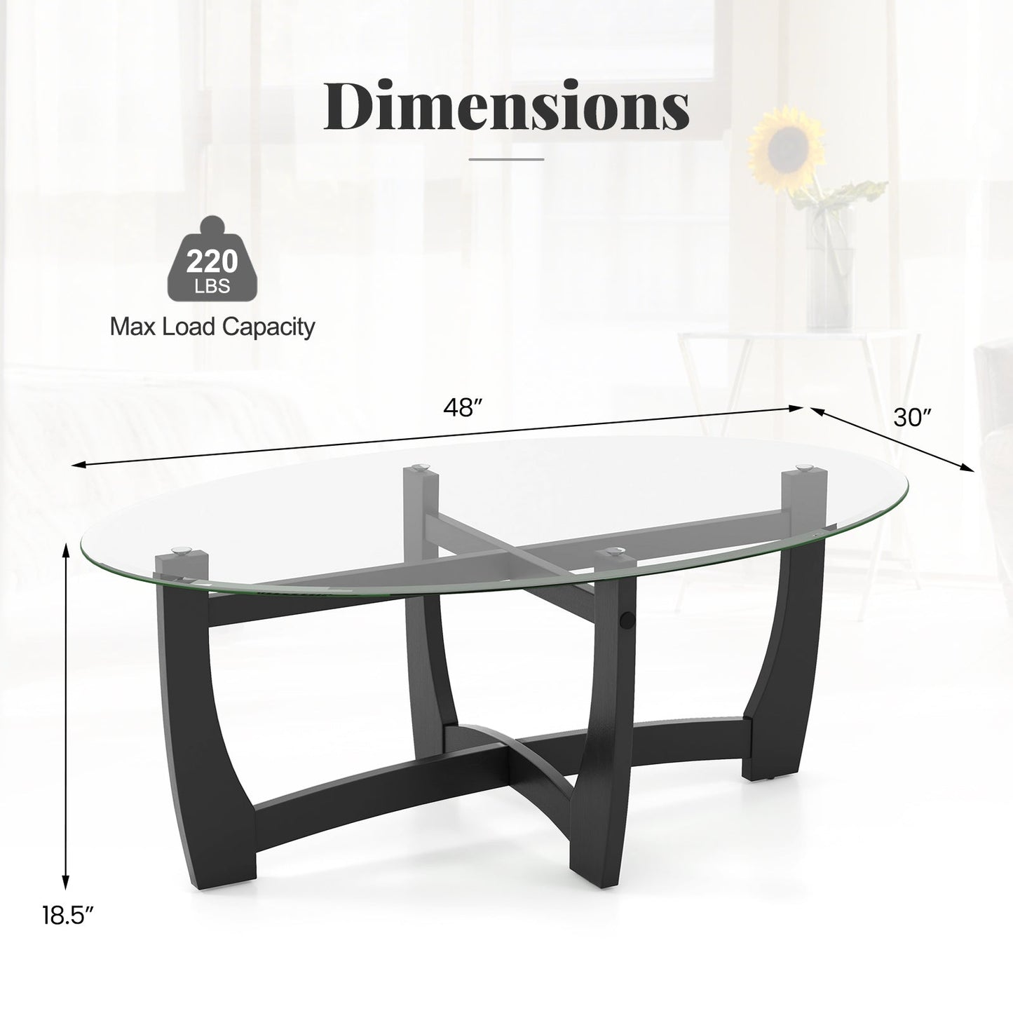 Mesa de centro ovalada con tablero de cristal templado y patas de madera de caucho-Negro