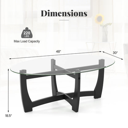 Mesa de centro ovalada con tablero de cristal templado y patas de madera de caucho-Negro