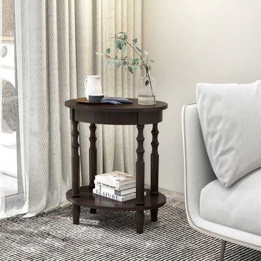 Oval side table with storage shelf, dark espresso wood legs DirectDeals; vase decor on top on Tampa Home & Garden Store