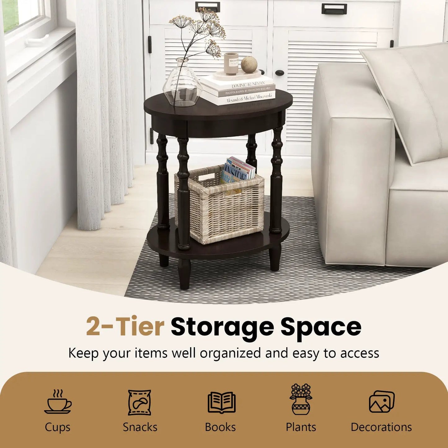 Oval Side Table With Storage Shelf and Wood Legs