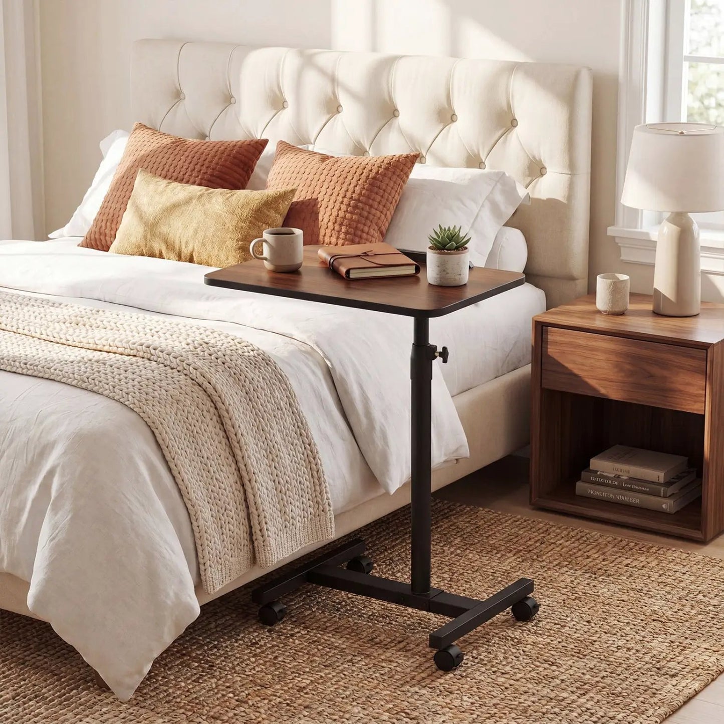 Adjustable Overbed Table with Wheels Walnut