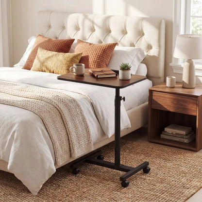 Adjustable Overbed Table with Wheels Walnut
