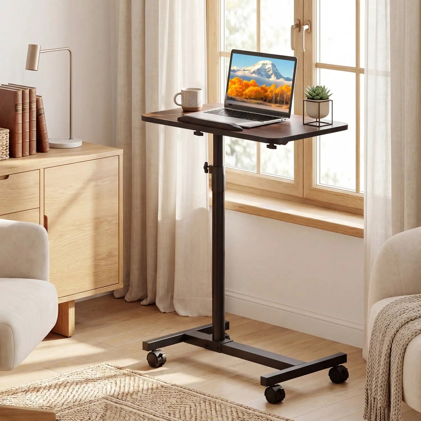 Adjustable Overbed Table with Wheels Walnut