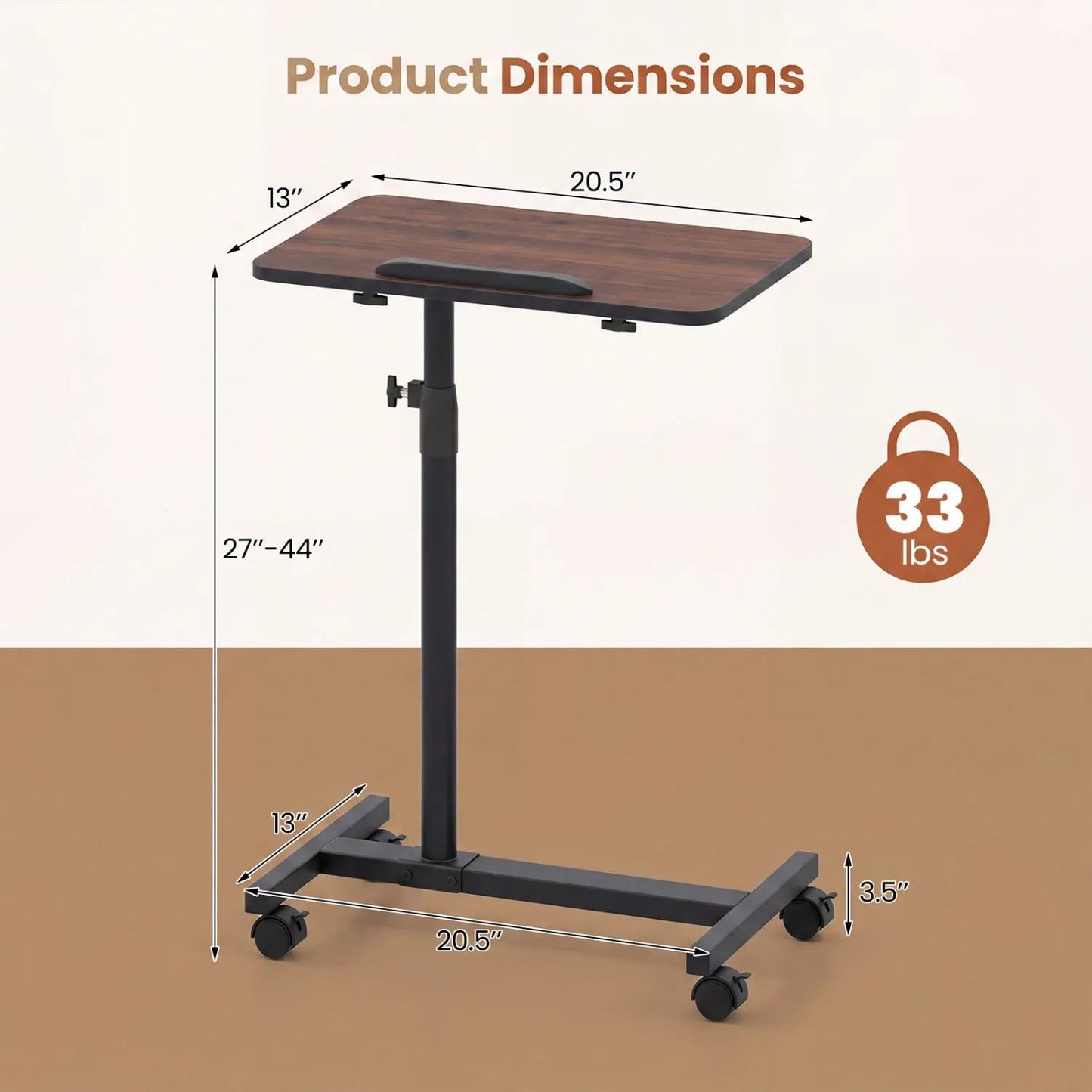 Adjustable Overbed Table with Wheels Walnut
