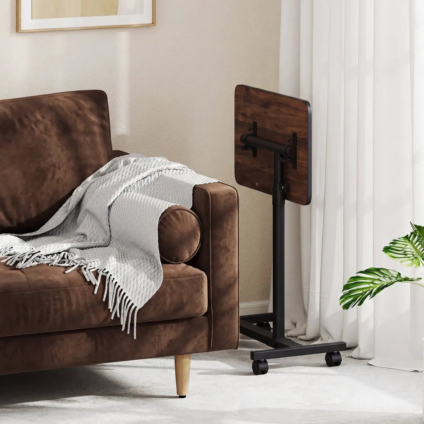 Adjustable Overbed Table with Wheels Walnut
