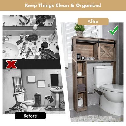 4-Tier Over The Toilet Storage Cabinet with Sliding Barn Door and Storage Shelves