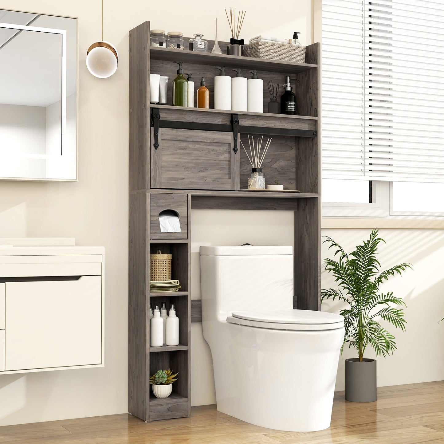 Mueble de almacenamiento sobre inodoro con puerta corredera de granero y estantes ajustables - Gris