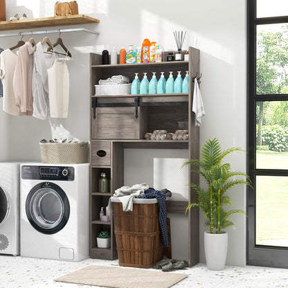 Mueble de almacenamiento sobre inodoro con puerta corredera de granero y estantes ajustables - Gris