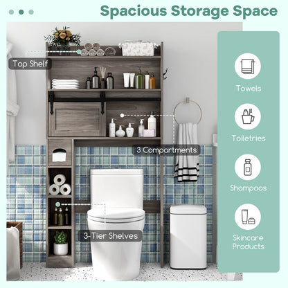 Mueble de almacenamiento sobre inodoro con puerta corredera de granero y estantes ajustables - Gris