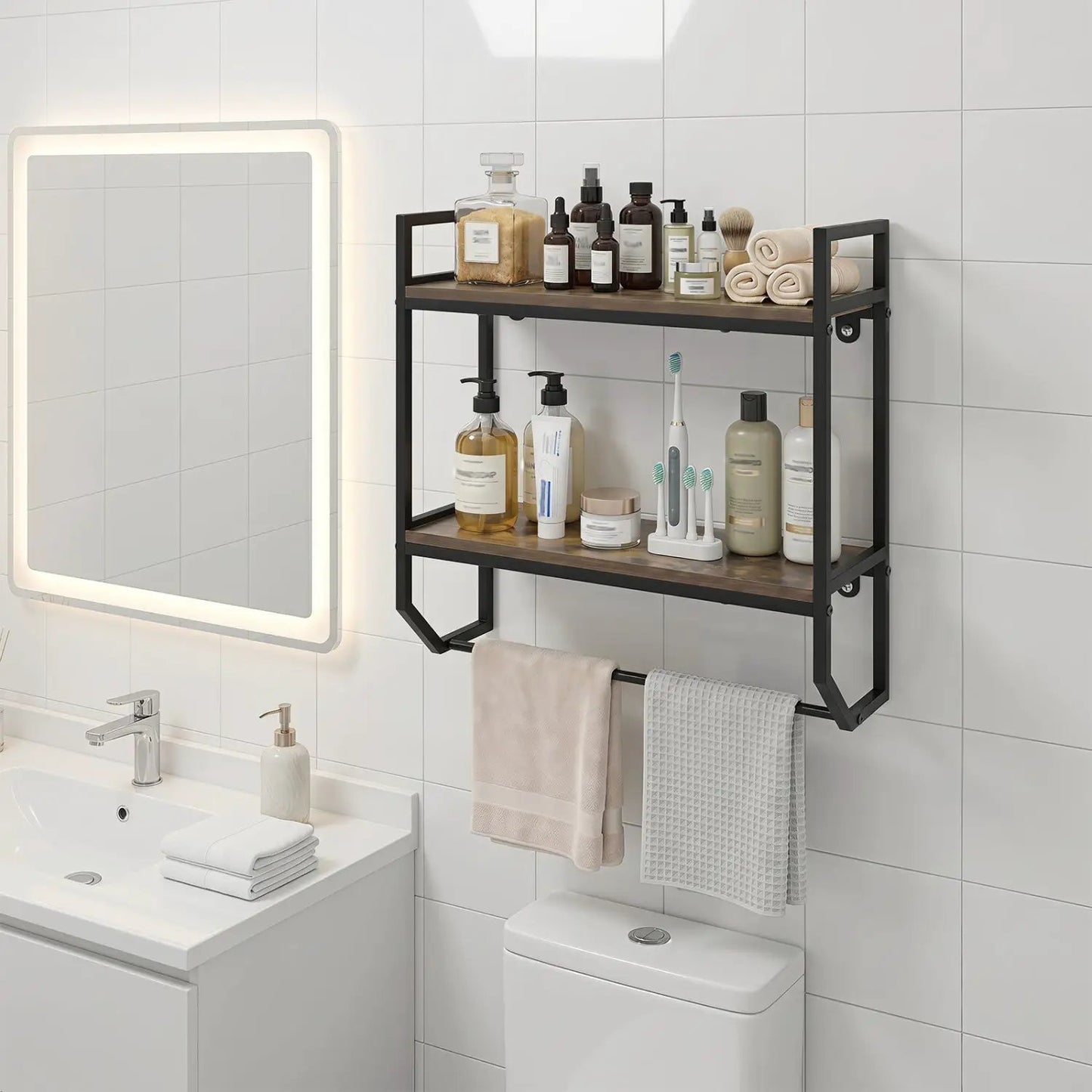 Over the Toilet Wall Shelf with Towel Bar Gray
