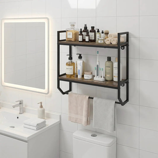 Over the toilet wall mounted bathroom shelf with towel bar, gray metal frame and wood shelves on Tampa Home & Garden Store
