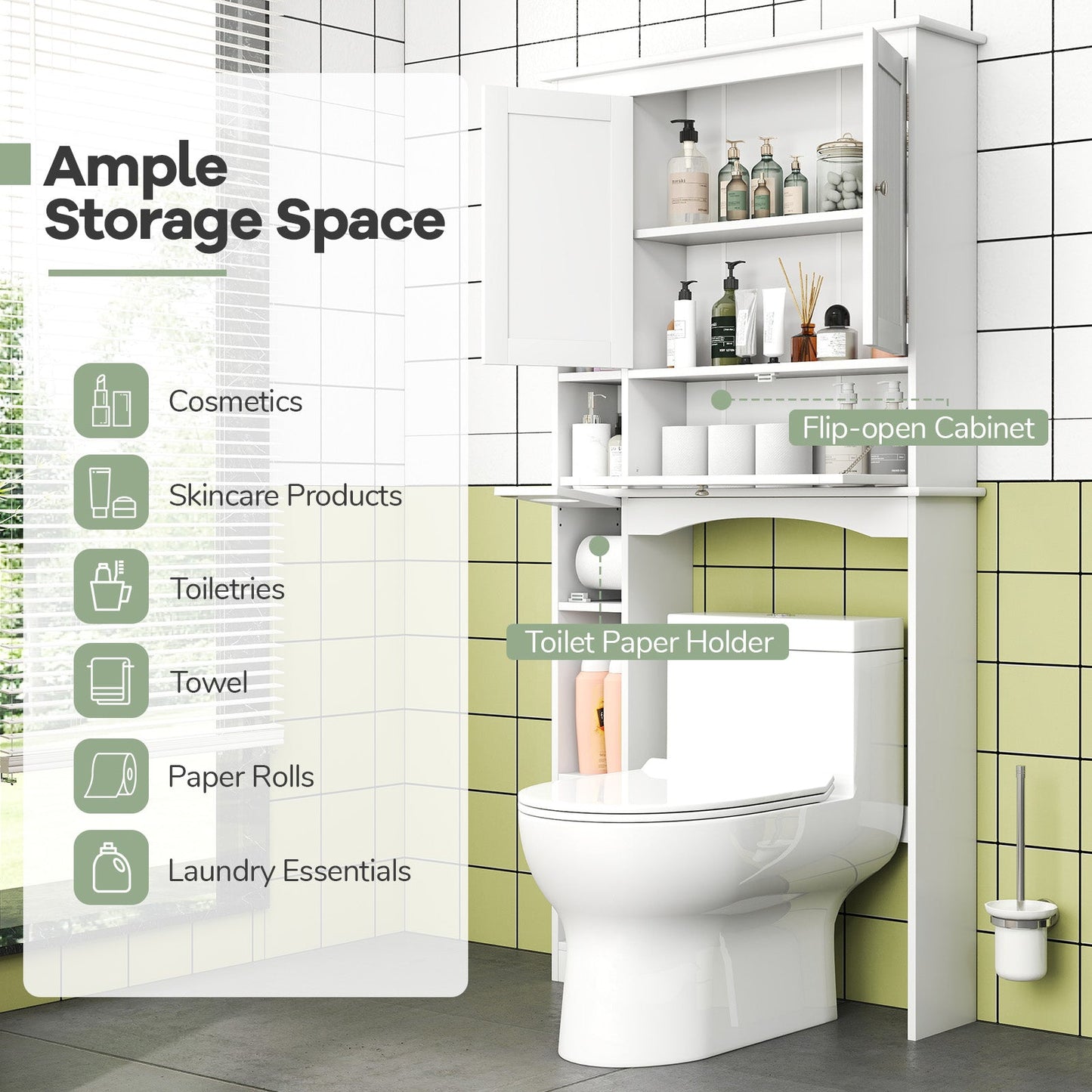 Over the Toilet Storage Cabinet with Adjustable Shelf and Bottom Bar-White