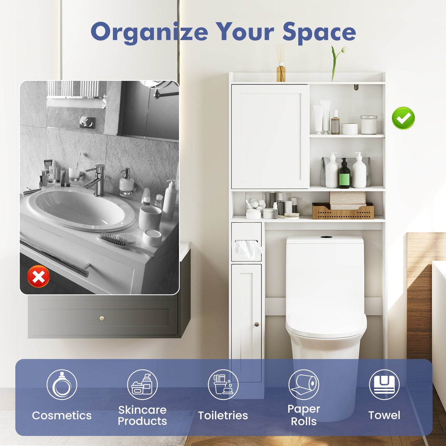 Over-the-Toilet Storage Cabinet Standing Toilet Rack with Sliding Door-White
