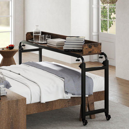 Overbed Desk with Wheels Queen Size Mobile Bed Desk with Adjustable Height-Brown - Tampa Home & Garden Store