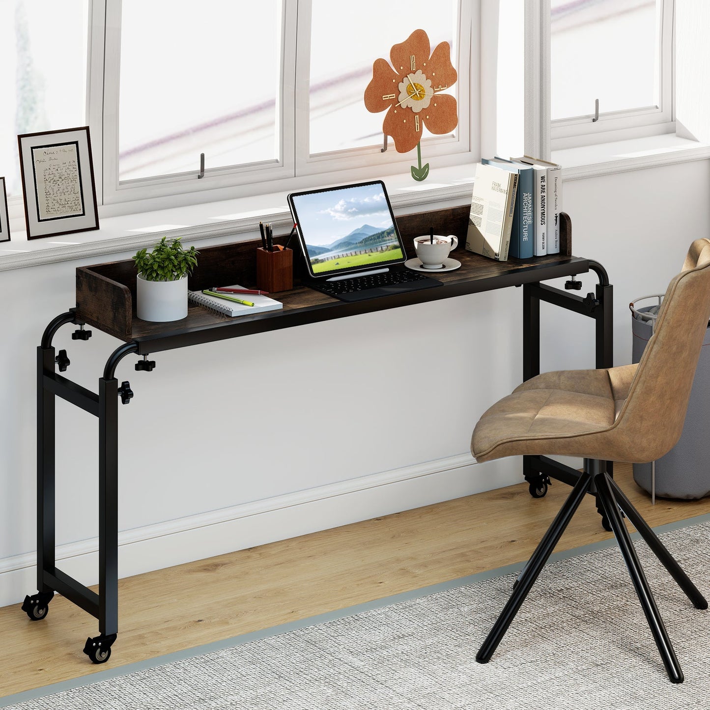 Overbed Desk with Wheels Queen Size Mobile Bed Desk with Adjustable Height-Brown