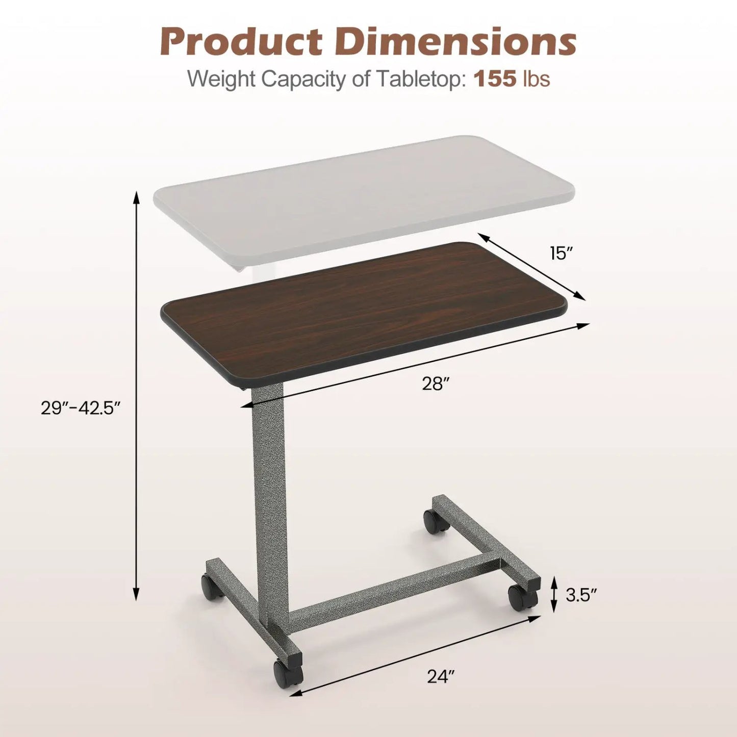 Overbed Table with Lockable Wheels and Height